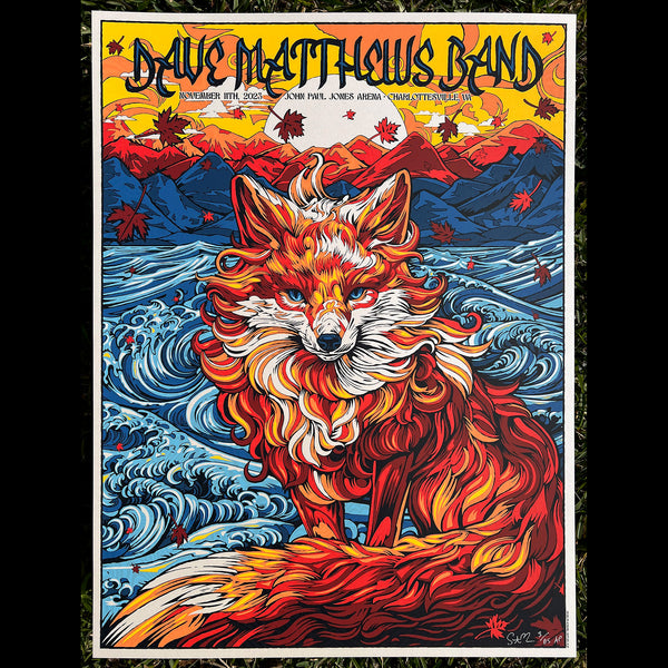 Dave Matthews Band poster Todd Slater fiery fox Hokusai Blue Ridge Mountains art of the year poster of the year silkscreen printmaking
