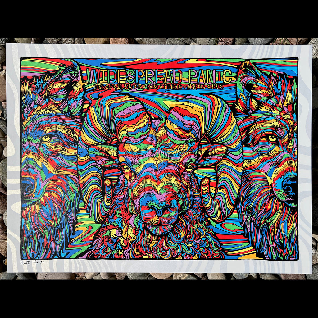 Widespread Panic poster Todd Slater rainbow goat wolf Red Rocks print making serigraph silkscreen art illustration colorful gigposter