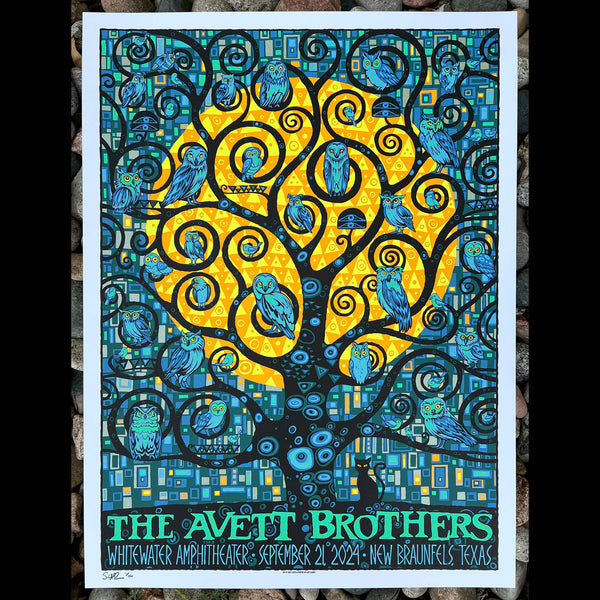 Avett Brothers poster Todd Slater Gustav Klimt owl tree of life cat silkscreen printmaking