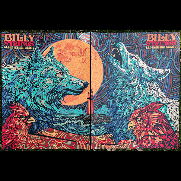 Billy Strings Todd Slater gigposter wolf odyssey silkscreen printmaking vector adobe illustrator owl lighthouse psychedelic