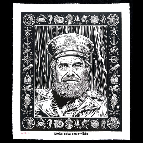 Willem Dafoe Lighthouse Todd Slater silkscreen poster serigraph printmaking hand torn edges Crane Lettra Nautical Ernest Hemingway sailor tattoos flash sheet rain storm Robert Eggers